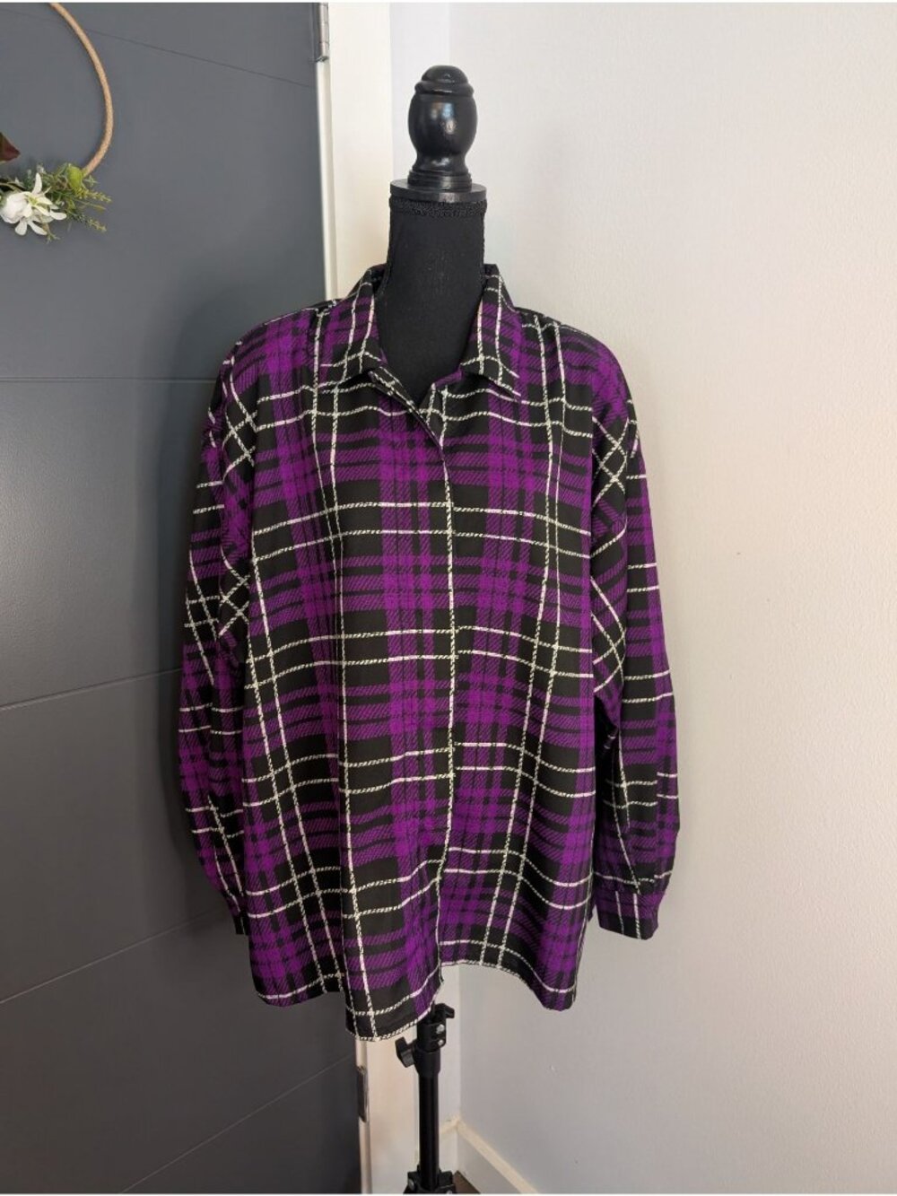1980s Diane Von Furstenberg Womens Black & Purple Plaid Button-Up Blouse - 24W